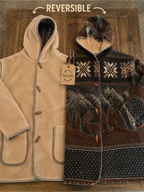 Reversible Hooded Coat - Tan & Brown Pattern Thick and Cozy D43